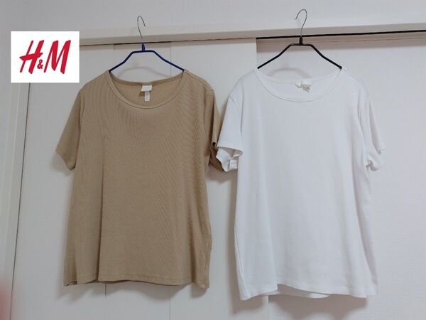 H&M 半袖 Tシャツ リブ素材 リブTシャツ ホワイト ベージュ XLサイズ
