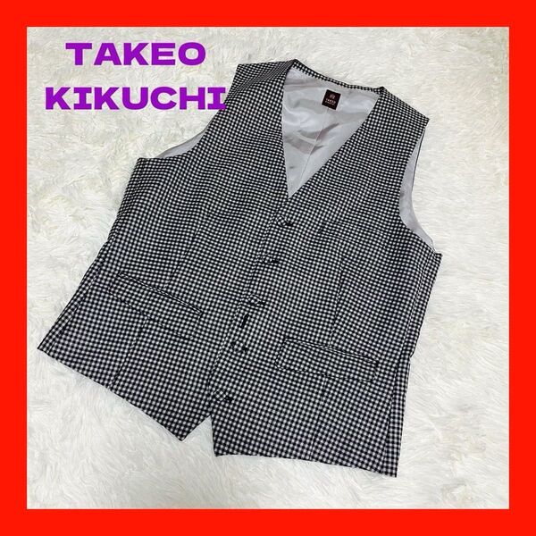 【TAKEO KIKUCHI】タケオキクチ メンズスーツベスト ブロックチェック 黒×白 ペイズリー size2 M