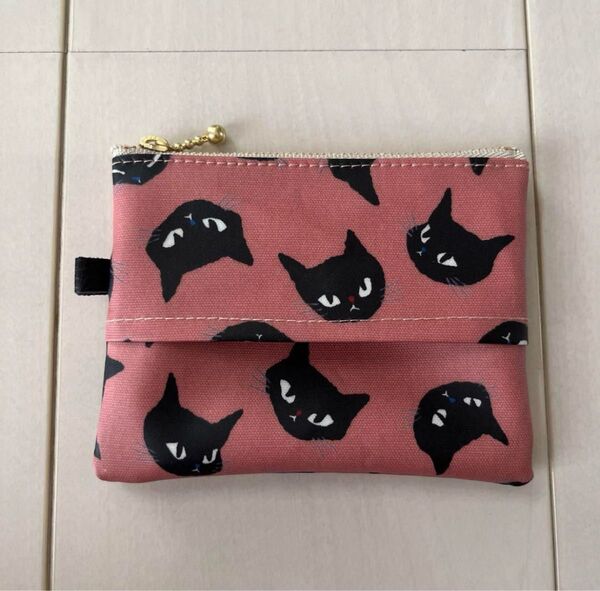 ポケットティッシュポーチ ラミネート 黒猫 ピンク ハンドメイド