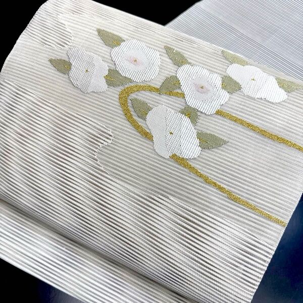 5-5 名古屋帯 八寸 美品 正絹 着物 松葉仕立て 絽 太鼓柄