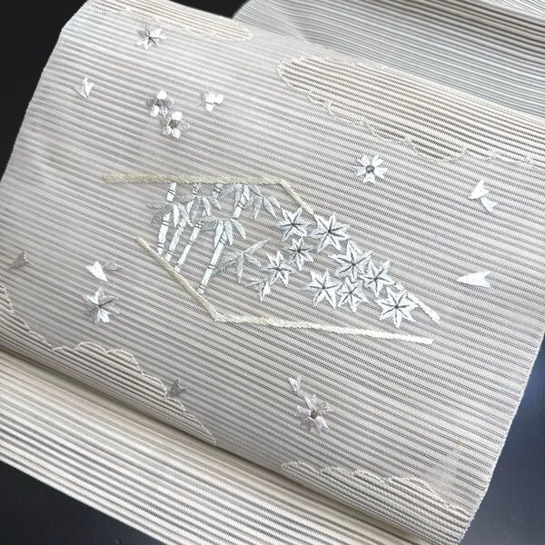 5-36 夏物 夏帯 名古屋帯 八寸 美品 正絹 着物 松葉仕立て 絽 刺繍