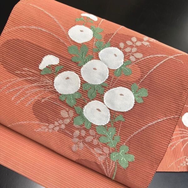 5-52 夏帯 夏物 名古屋帯 九寸 美品 正絹 着物 名古屋仕立て 絽 饅頭菊