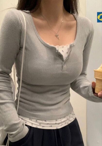 nugu フラワー レース ボタン レイヤード Tシャツ 長袖 グレー gray フリーサイズ トップス
