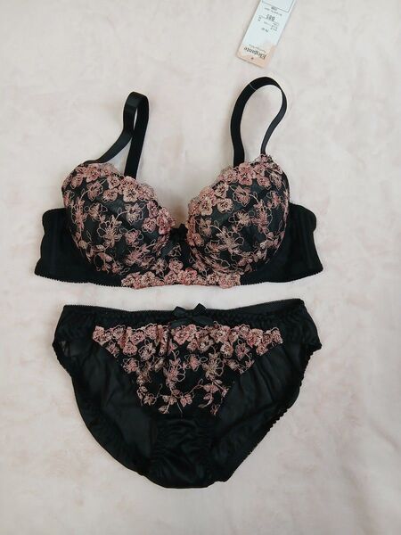 ワイヤー入りブラジャー ショーツセットB85/LLブラック黒ピンクPINK花柄刺繍レース新品リボンセクシー可愛いElegant