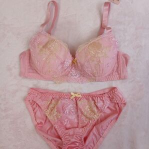ワイヤー入りブラジャー ショーツセットB85/LLピンクPINKイエロー黄色花柄刺繍レース新品リボンセクシー可愛いElegant