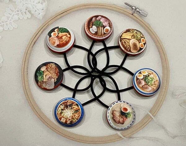 ラーメン ラーメン柄 38mm くるみボタン ヘアゴム 7個セット ハンドメイド