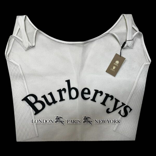 未使用 Burberrys バーバリーズ トートバッグ メッシュ ネット ホワイト 大容量 ユニセックス ビッグロゴ 0765