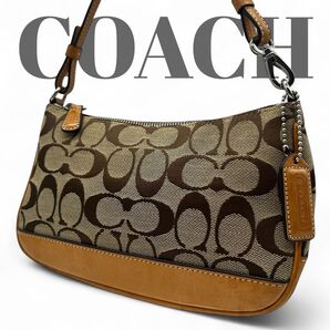 美品 COACH コーチ アクセサリーポーチ ミニバッグ トートバッグ 肩掛け シグネチャー キャンバス レザー 0781