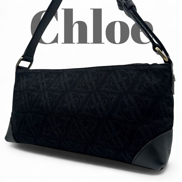 美品 Chloe クロエ アクセサリーポーチ トートバッグ ワンショルダー 肩掛け ロゴ 総柄 キャンバス レザー 0787