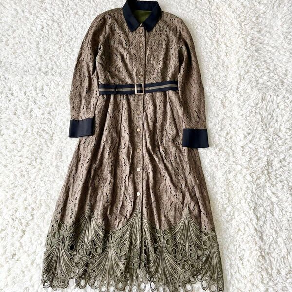 美品 ダイアグラム グレースコンチネンタル ロング丈ワンピース シャツワンピース 花柄 レース ベルト カットワーク Aライン