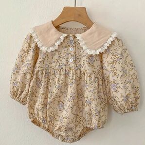 【新品未使用タグ付き】長袖 花柄 ロンパース フリル アンティーク レース 襟