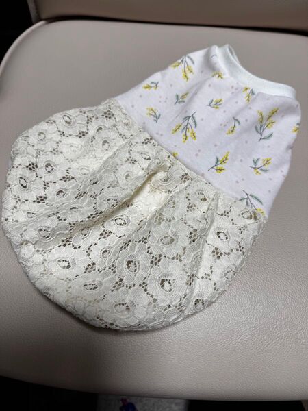 ハンドメイド ミモザ柄&レース 切り替えワンピース Mサイズ