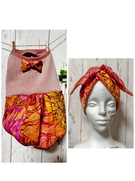 ママとお揃い嬉しいな♪ ハンドメイド ヌビニット&派手柄切り替えワンピース Mサイズ ワイヤーターバン ヘアバンド 自由自在