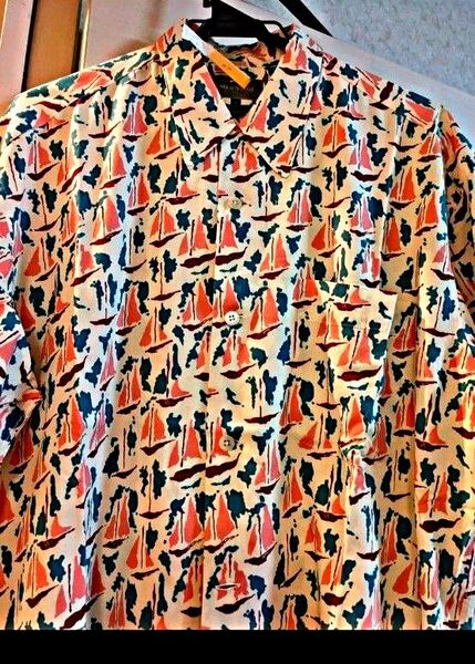 MEN'S BIGI ヨット柄シャツ Lサイズ レーヨン 総柄 クリーム色