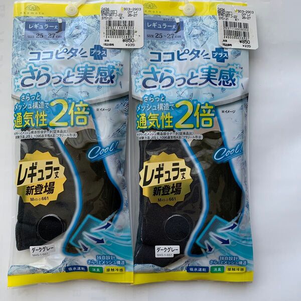 ココピタプラス さらっと実感 レギュラー丈 25〜27cm ダークグレー 2足セット 岡本