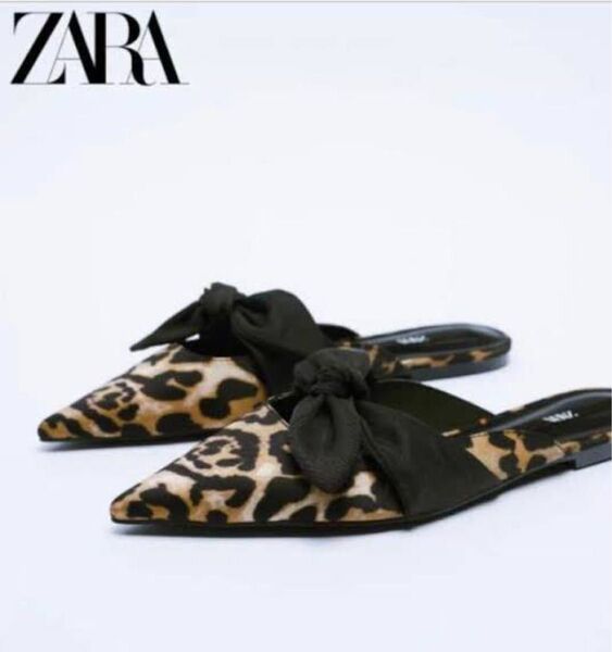 ZARA ミュール サンダル リボン レオパード ヒョウ柄 37(24cm) シューズ