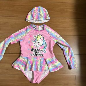 女の子 ラッシュガード水着&スイムキャップセット ユニコーン ピンク