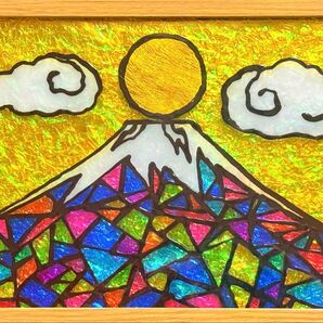 七色富士ステンドグラスガラス絵の具金運開運絵画イラストアート沖縄犬猫龍神インテリア雑貨