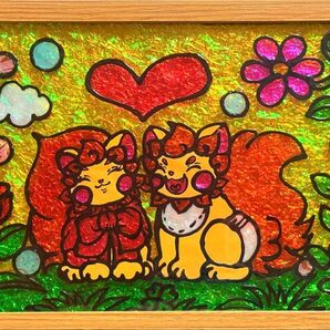 沖縄シーサーシサマルデイゴステンドグラスガラス絵の具ハンドメイド金運開運絵画浄化