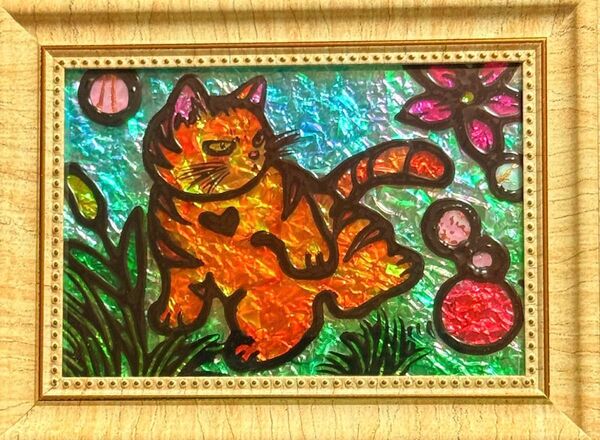 茶トラ金運開運絵画ステンドグラスガラス絵の具イラストアート沖縄犬猫富士山龍神インテリア雑貨