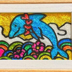 イルカステンドグラスガラス金運アート赤富士山沖縄イラスト犬猫鳥花海月龍神手書き置き物