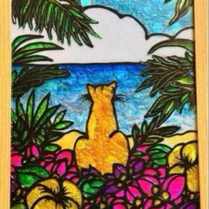 沖縄海猫開運金運ステンドグラスガラス絵の具イラストアート絵画ハンドメイド龍神富士山インテリア雑貨