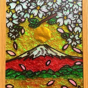 赤富士桜ステンドグラスガラス絵の具金運開運絵画ハンドメイドイラストアート沖縄犬猫龍神スクラッチアート