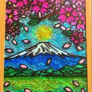 青富士桜ステンドグラスガラス絵の具イラストハンドメイドアート金運開運絵画沖縄犬猫龍神