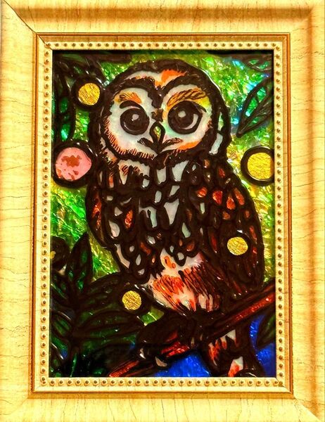 フクロウ金運開運絵画ステンドグラスガラス絵の具ハンドメイドイラストアート沖縄犬猫龍神