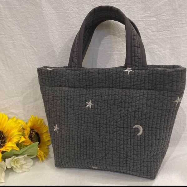 ヌビバッグ ヌビトート ムーンスター刺繍 ダークグレー 小さめ ハンドメイド 手提げ