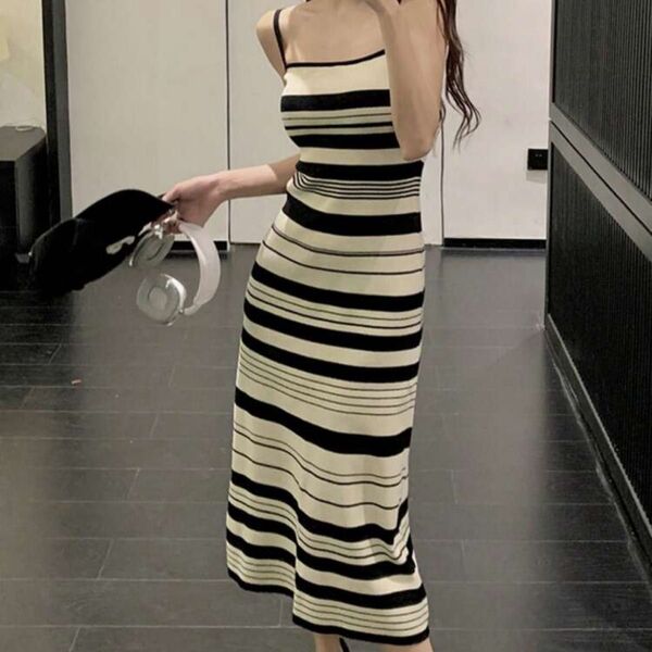 ワンピース ノースリーブ ロングワンピース 膝丈 ストライプ ベージュブラック サマーニット キャミワンピ 夏服 韓国ファッション