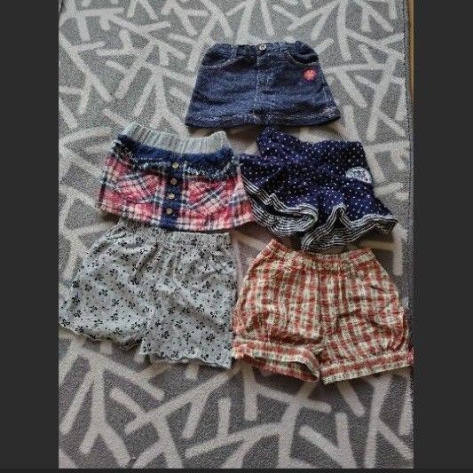 90.95㌢ショートパンツ スカート 5点まとめ売り女の子 短パンデニムスカート 半ズボン ハーフパンツ チェック柄 リボン柄