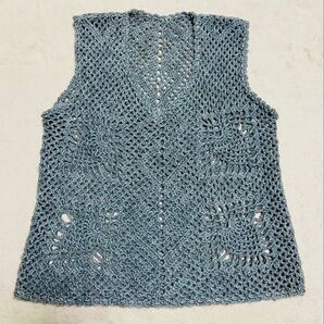 透かし編みベスト グレー Vネック ベスト ハンドメイド Mサイズ