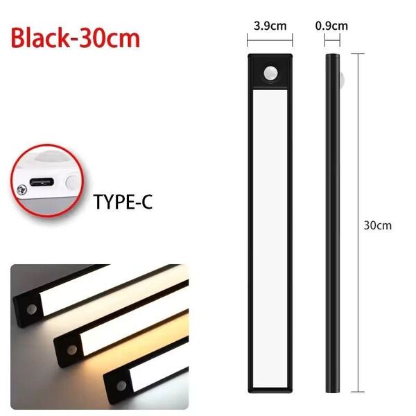 【新品未使用】人感センサーライト LED バー 3色 3モード 調光 USB Type-C 充電式 ブラック 30cm アルミ