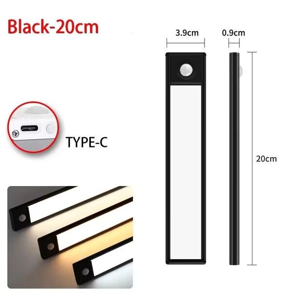 【新品未使用】人感センサーライト LED バー 3色 3モード 調光 USB Type-C 充電式 ブラック 20cm アルミ