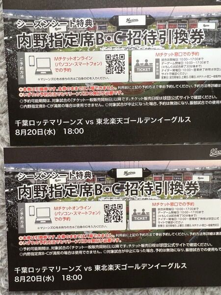 千葉ロッテ 内野指定席B C招待引換券 6試合 12枚
