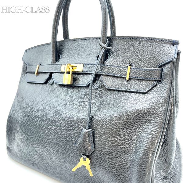 【極美品】HIGH-CLASS ハイクラス バーキン型 40 トートバッグ ハンドバッグ 稀少ネイビー オールレザー 大容量