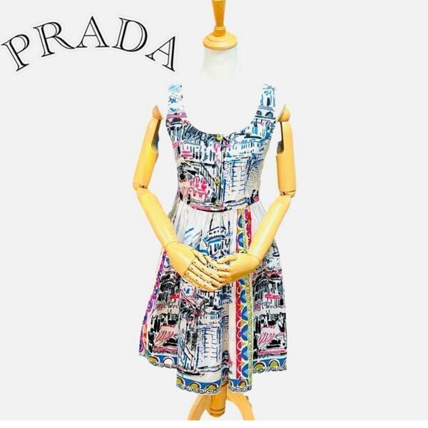 PRADA プラダ VOYAGE ボヤージュ プリント ワンピース ノースリーブタイプ 38