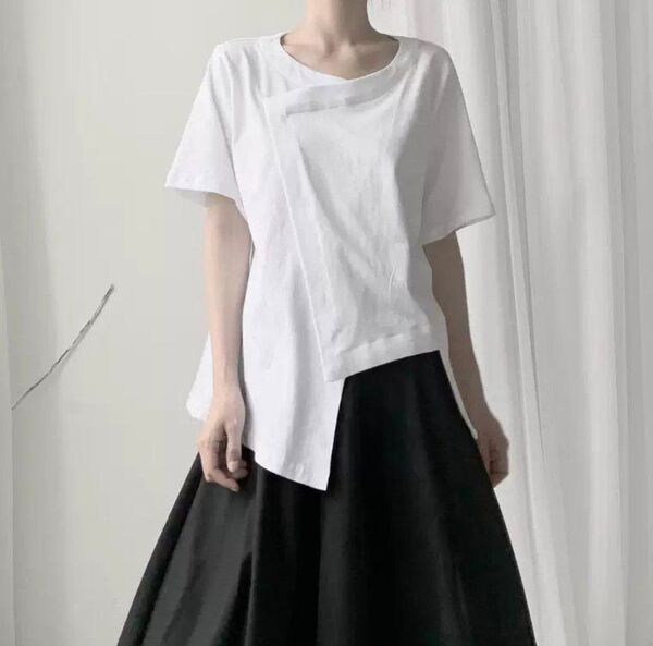 半袖カットソー 春服 秋服 夏 オーバーサイズ 変形シャツ オシャレシャツ モード系 モノトーン ホワイト 白