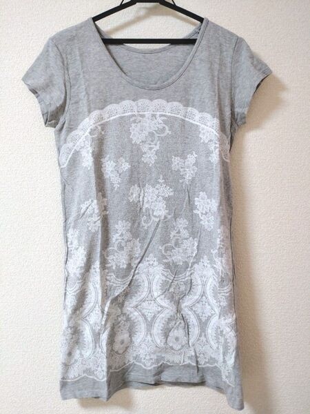 トップス カットソー Tシャツ 半袖 花柄 レース レディース グレー チュニック