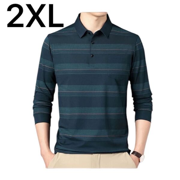 【新品未使用】ポロシャツ 長袖【2xl】メンズ ゴルフウェア ボーダー ビジネススポーツ 大きいサイズカジュアル 男性 秋 冬 春