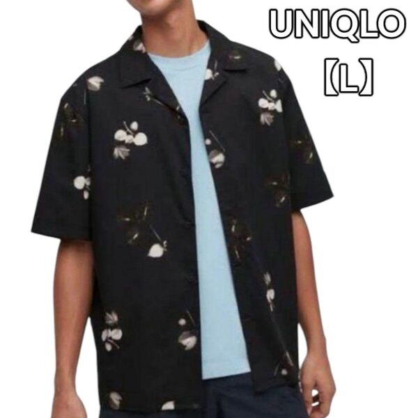 ユニクロ【UNIQLO】プリントオープンカラーシャツ(半袖) 黒 柄シャツ L 半袖シャツ