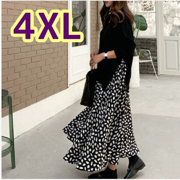 ワンピース 4XL レイヤード ロングスカート フレア 大きいサイズ ドット ダルメシアン柄 Aライン 体型カバー エレガント