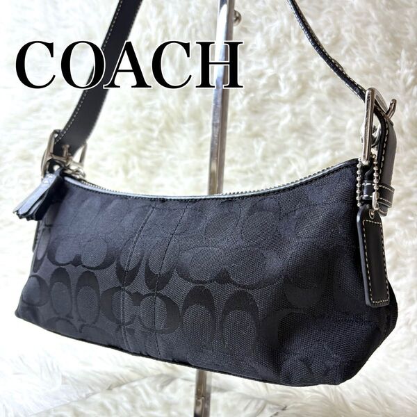 美品 COACH コーチ シグネチャー ワンショルダーバッグ ブラック 黒 肩掛け キャンバス レザー ビンテージ ハンドバッグ