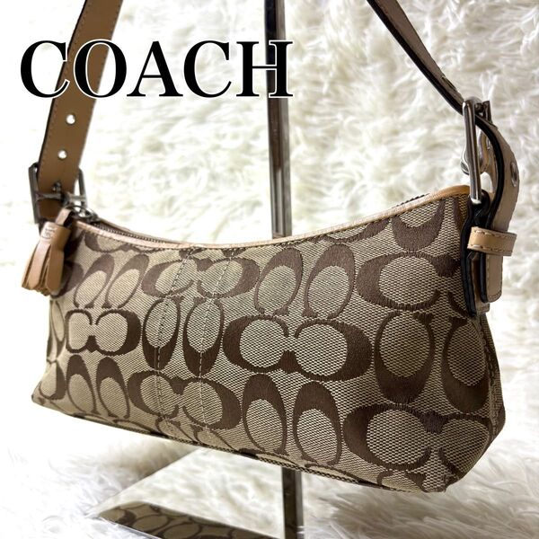 美品 COACH コーチ シグネチャー ワンショルダーバッグ アクセサリーポーチ ハンドバッグ キャンバス レザー 肩掛け