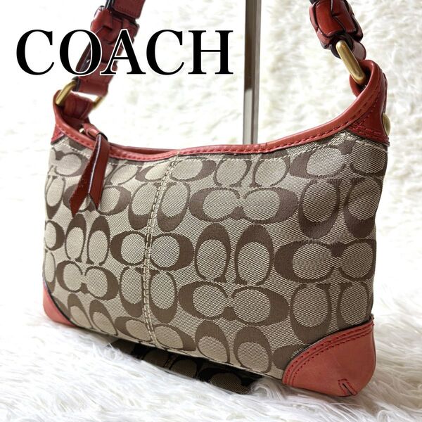 美品 COACH コーチ アクセサリーポーチ ショルダーバッグ シグネチャー ホーボー レザー キャンバス ワンショルダー 肩掛け