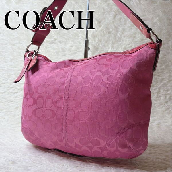 COACH コーチ ワンショルダーバッグ シグネチャー ホーボー ピンク 肩掛け エナメル シルバー金具 A4