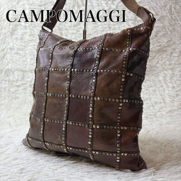 CAMPOMAGGI カンポマッジ ショルダーバッグ レザー スタッズ 本革 斜め掛け クロスボディ ブラウン パッチワーク レア