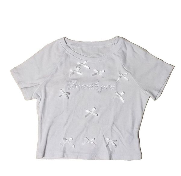 シーイン ショート丈 半袖 Tシャツ リボン 刺繍ロゴ 白 リブニット