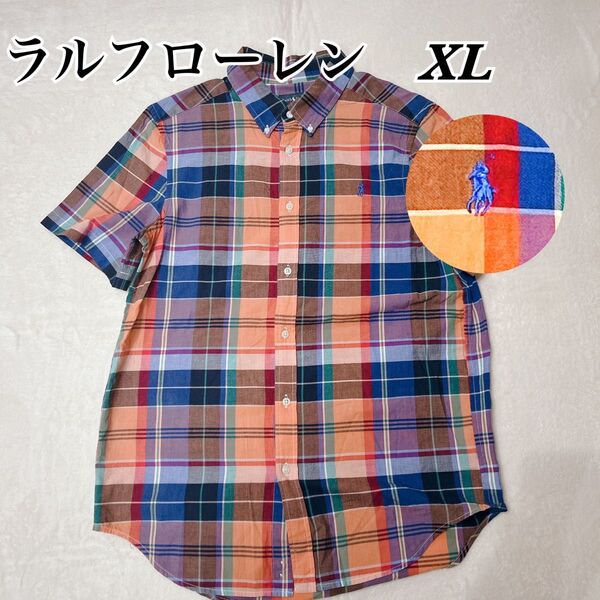 Ralph Lauren ラルフローレン マドラスチェック 半袖シャツ インド綿 ボタンダウン XL